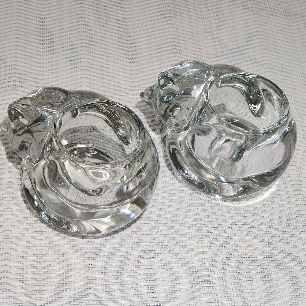 Vintage Clear Glass Sleeping Kitty‎ Cat Votive Candle Holder Set of 2